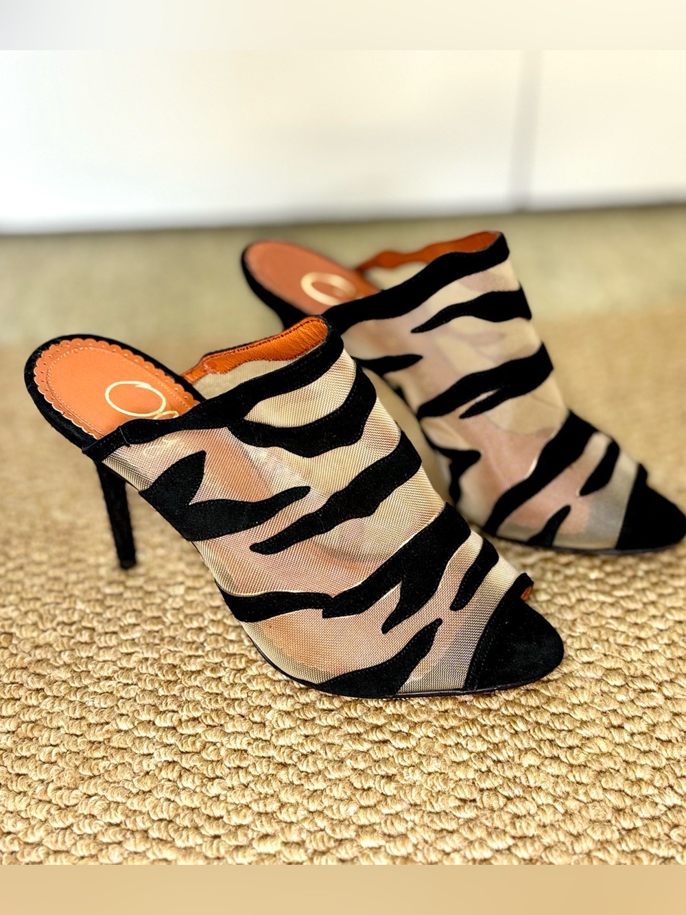 Charlotte Olympia Zebra Mesh Suede Mule Heels 38 Peep Toe Made Italy - New!